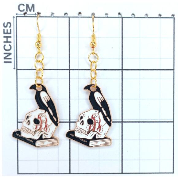 Skull Raven & Book Earrings 🖤 Gothic Halloween Jewelry - Picture 3 of 4